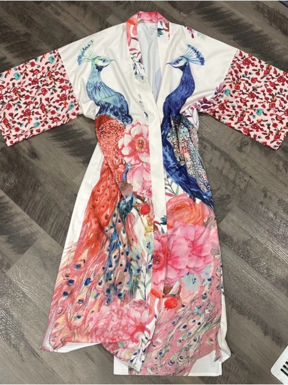 Peacock Floral Satin Kimono Robe in White, Pink & Blue